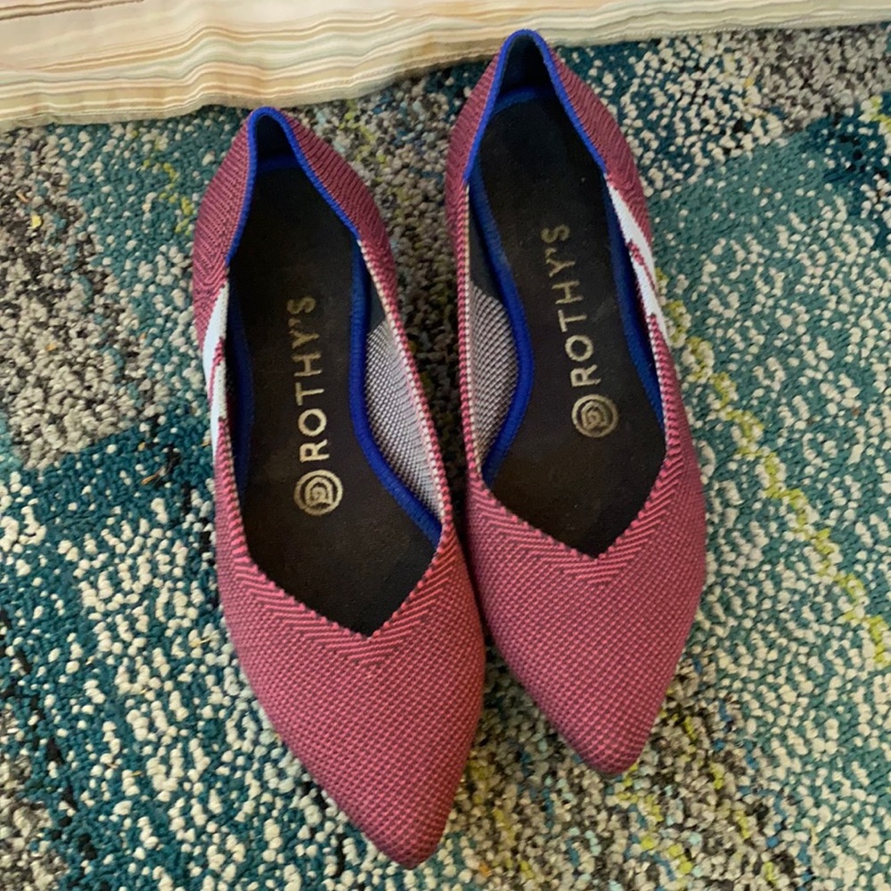 Rothy’s pointed toe slip on size 6 - purplish/red with blue side stripes